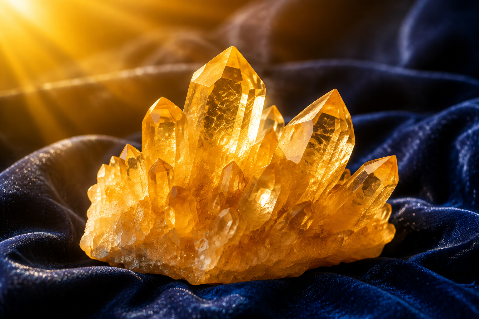 A cluster of citrine crystals with a warm golden-yellow glow like captured sunlight, resting on deep indigo cloth and catching warm light, a sense of brightness and forward energy