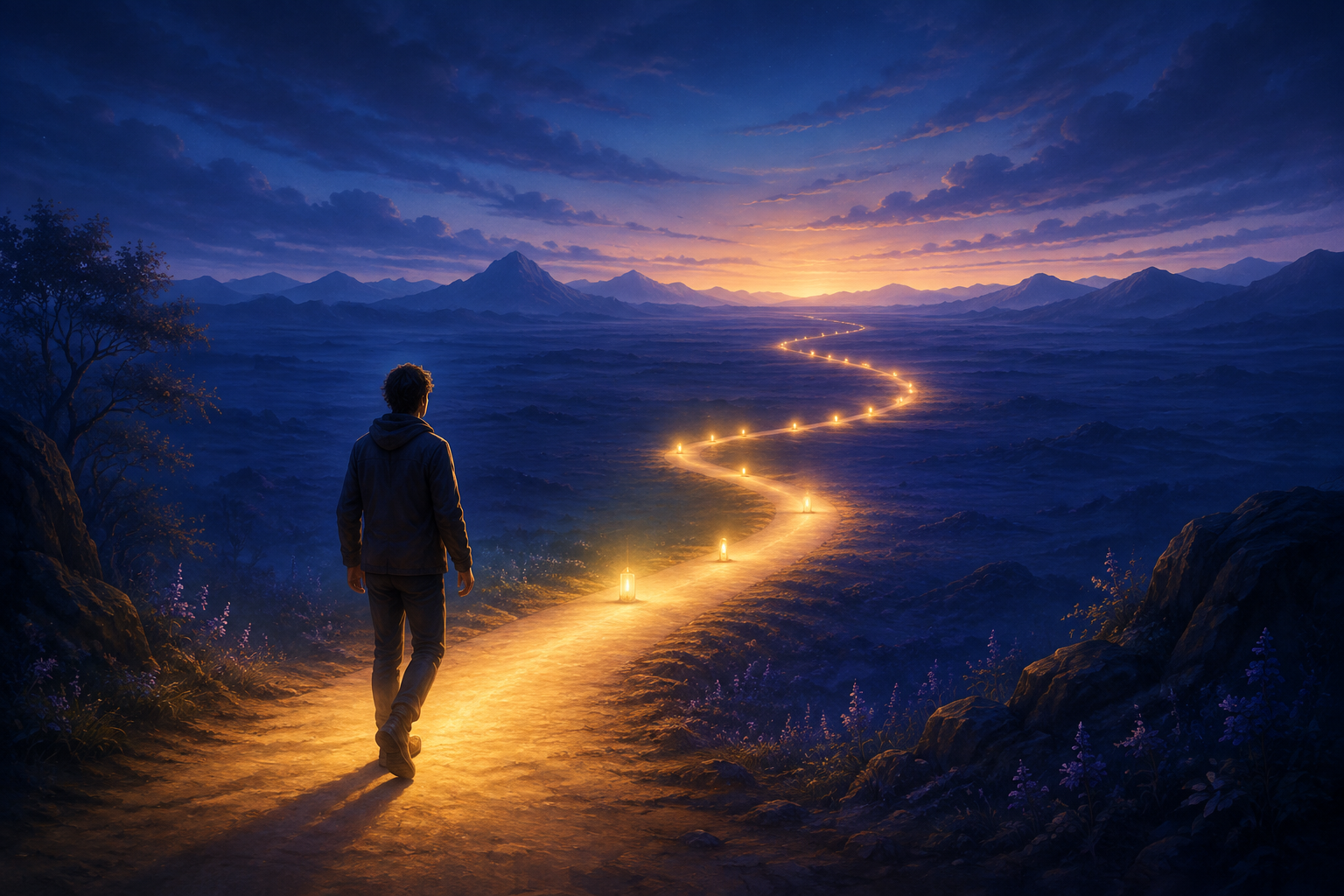 An open road of soft golden light stretching forward through a calm indigo landscape, a figure at the near edge taking a first confident step, ten small lights marking the way ahead