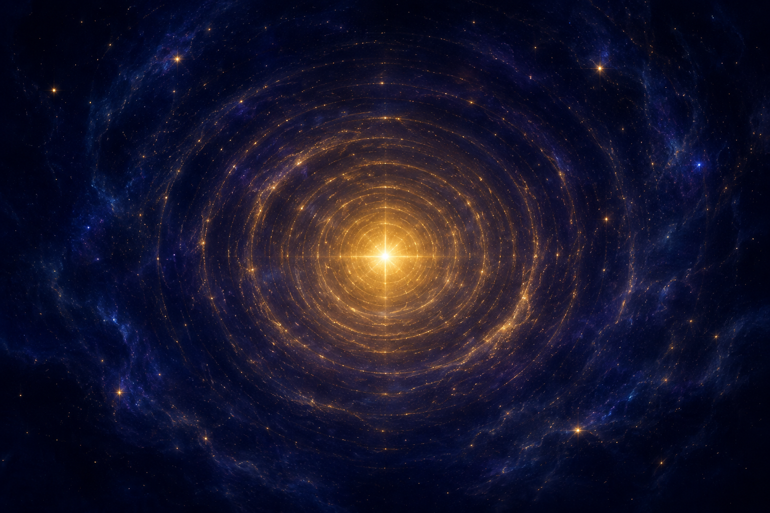 A single radiant point of golden light at the center of a dark indigo field, concentric rings of warm energy rippling outward like a focused thought seeding into reality, soft stars around