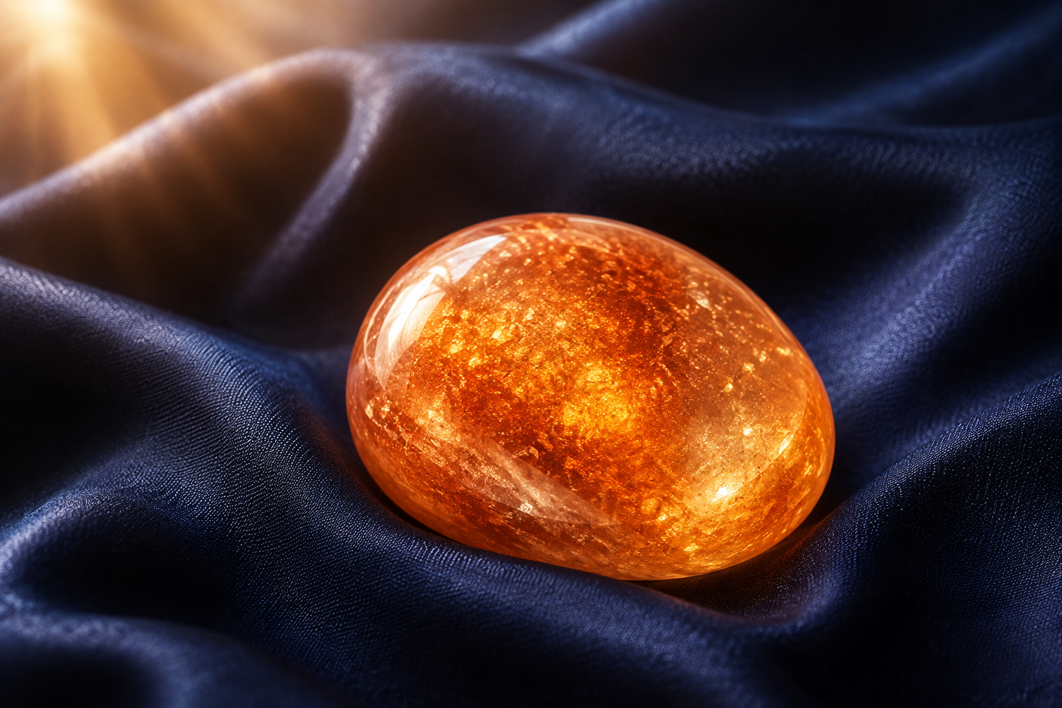 A single polished sunstone crystal glowing with warm golden-orange light, tiny sparkles within the stone, resting on dark indigo silk with soft morning light