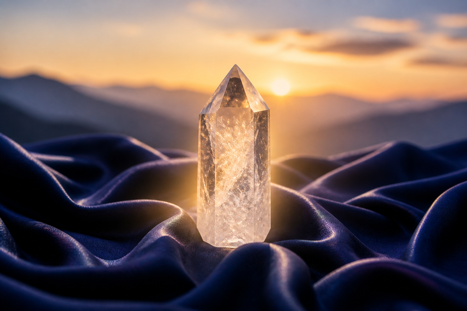 A single clear luminous quartz crystal standing upright on dark indigo silk, a seed of intention catching the first light of dawn