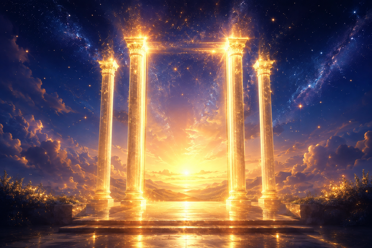 Four radiant golden pillars of light forming an open luminous doorway against deep indigo dawn, a threshold of new beginnings