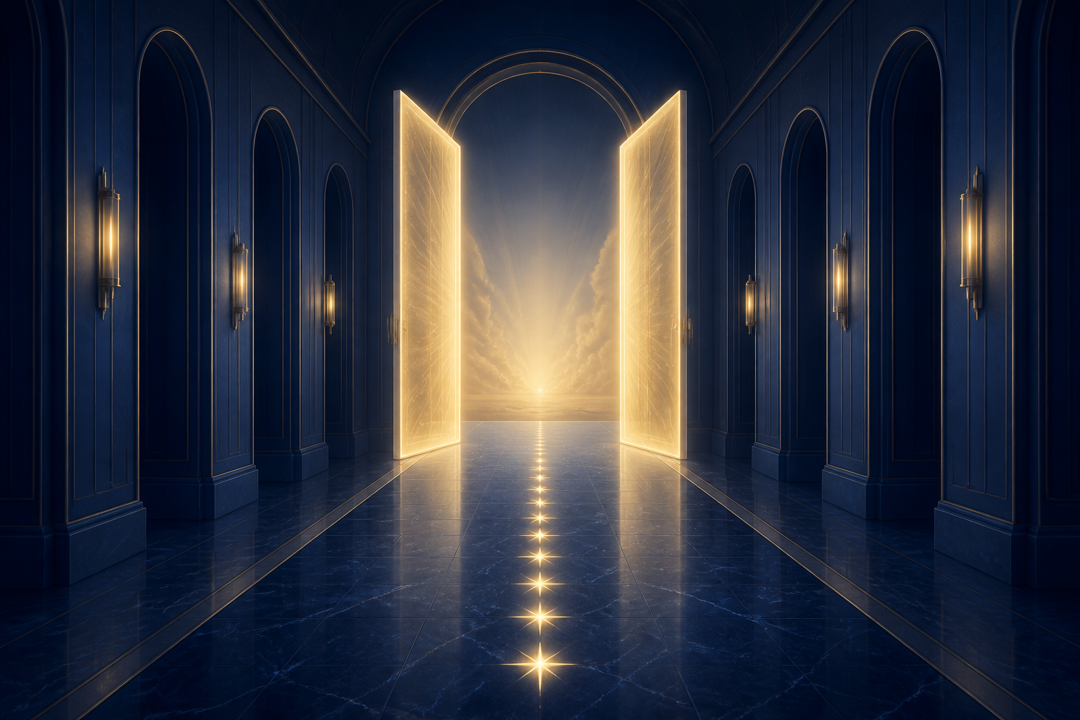 Two mirrored doors of soft golden light standing open in a calm indigo corridor, twelve small stars aligned down the center path, a sense of order and forward motion