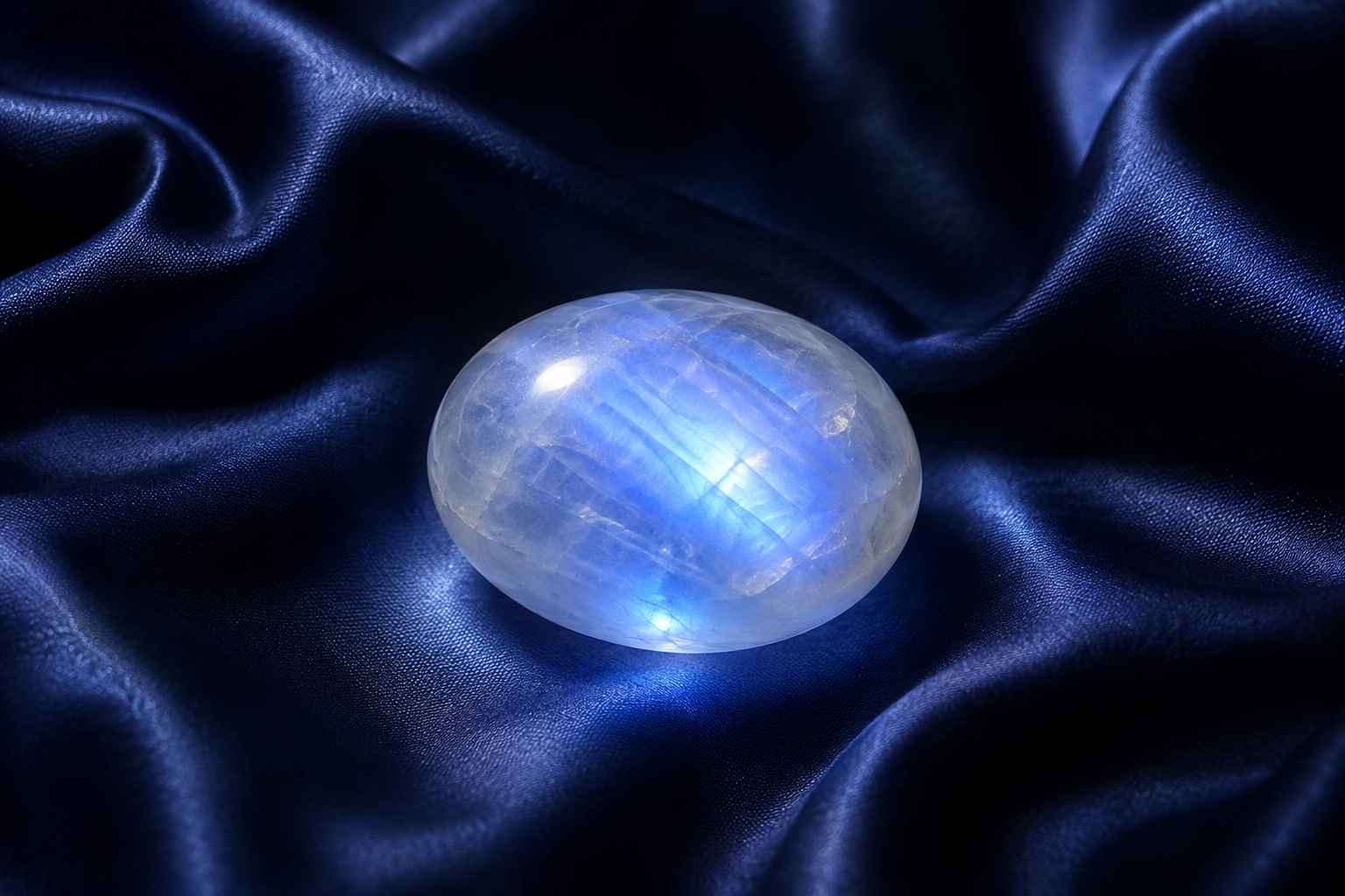 A smooth oval moonstone glowing with a soft blue-silver sheen, resting on dark indigo silk with a faint halo of reflected light around it