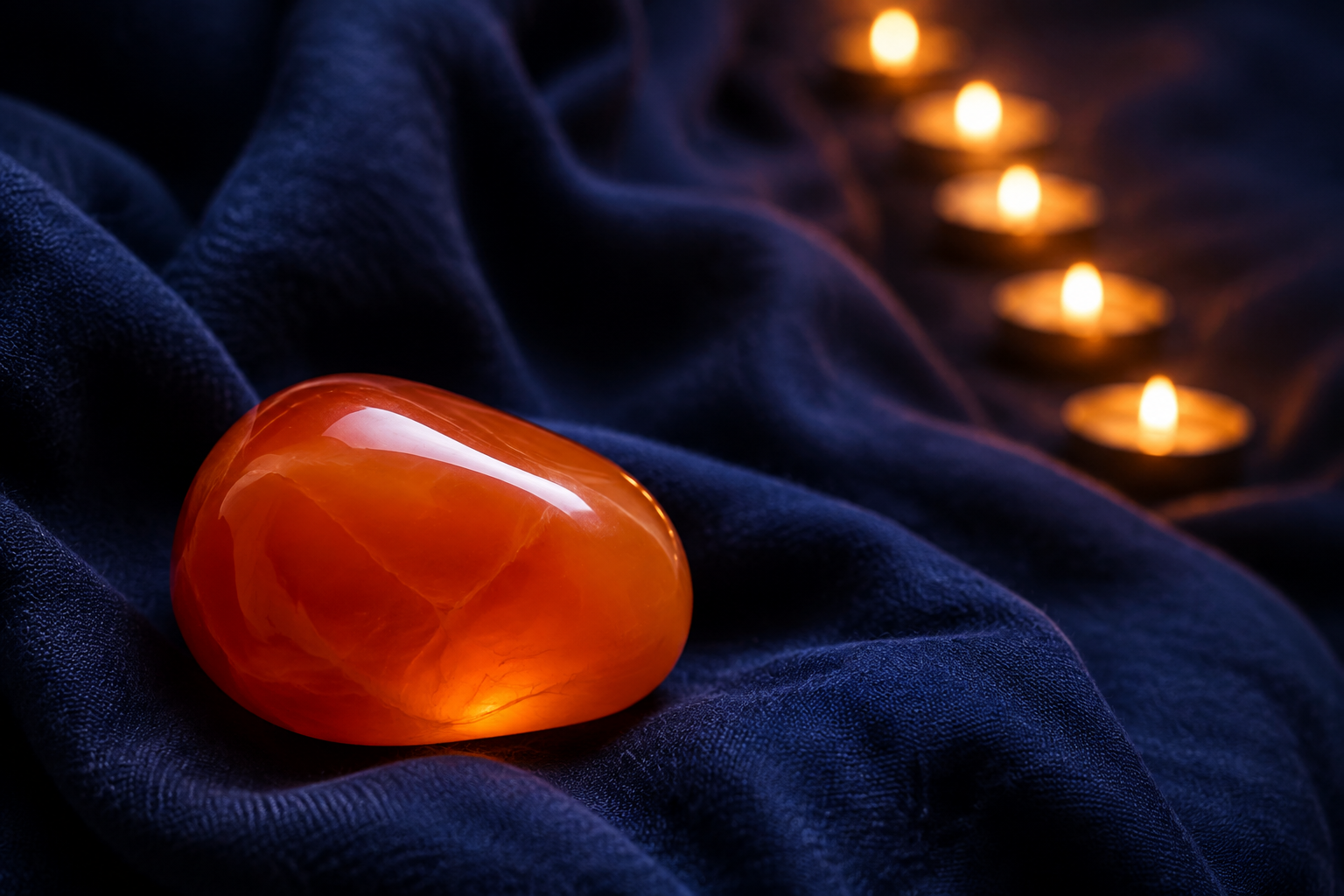 A smooth piece of carnelian with a warm translucent orange glow, resting on deep indigo cloth beside a softly ascending line of small lights, warm and grounding energy
