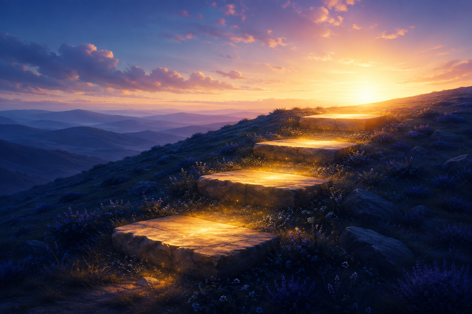 Four ascending steps of soft golden light climbing a calm indigo hillside toward a bright horizon, each step gently glowing with its own warm light, a sense of orderly forward progress