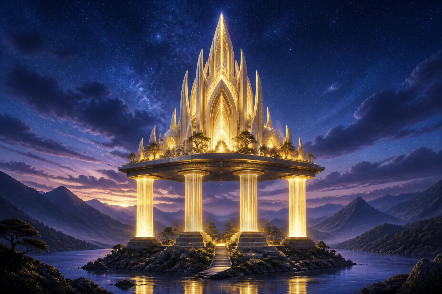 Four steady pillars of soft golden light supporting a bright new structure rising above them in a calm indigo landscape, the foundation strong and the new form reaching upward, grounded and stable