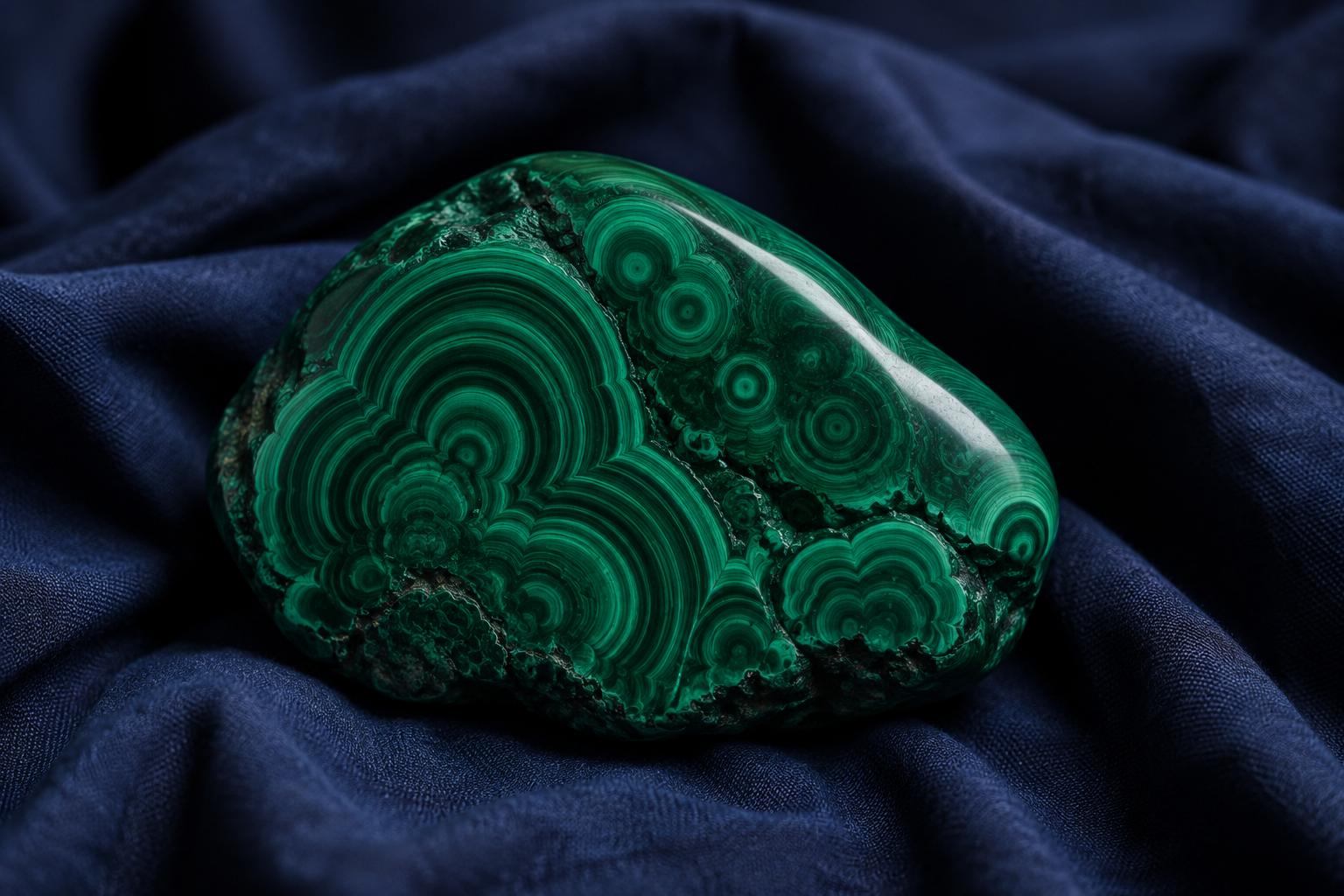 A piece of malachite with deep green swirling rings and a soft earthy glow, resting on dark indigo cloth, a sense of rooted growth and steady foundation