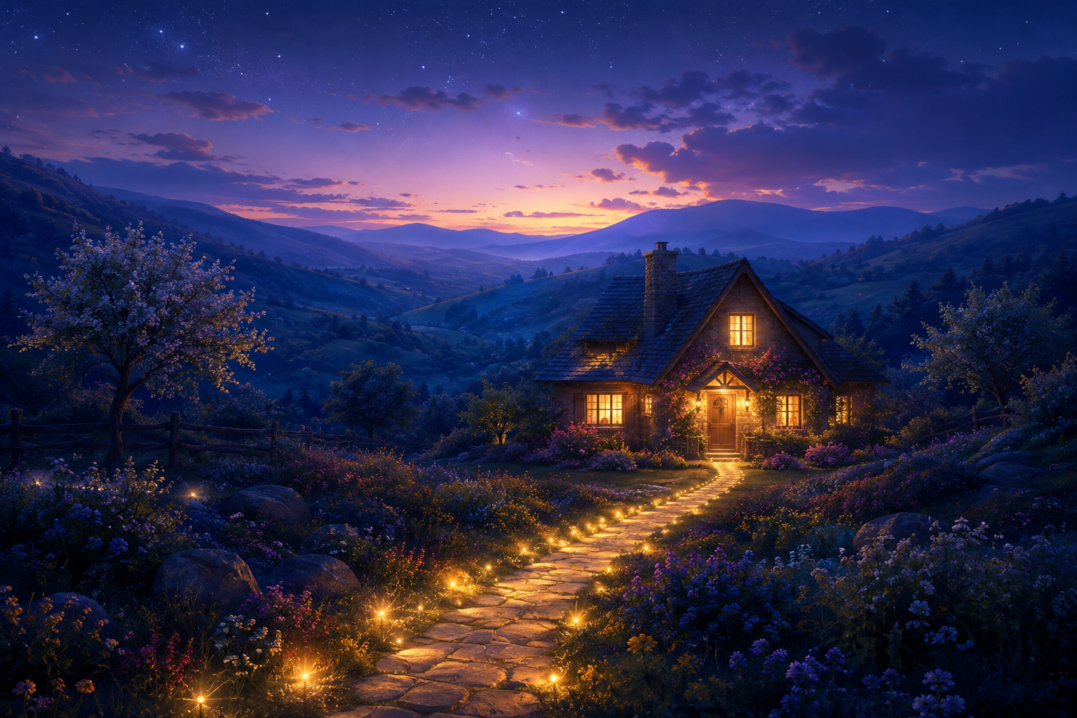 A small warm house or hearth of soft golden light nestled among gentle indigo hills, a tender glow of love within it, with a path of light leading freshly to its door, new beginnings of home and heart