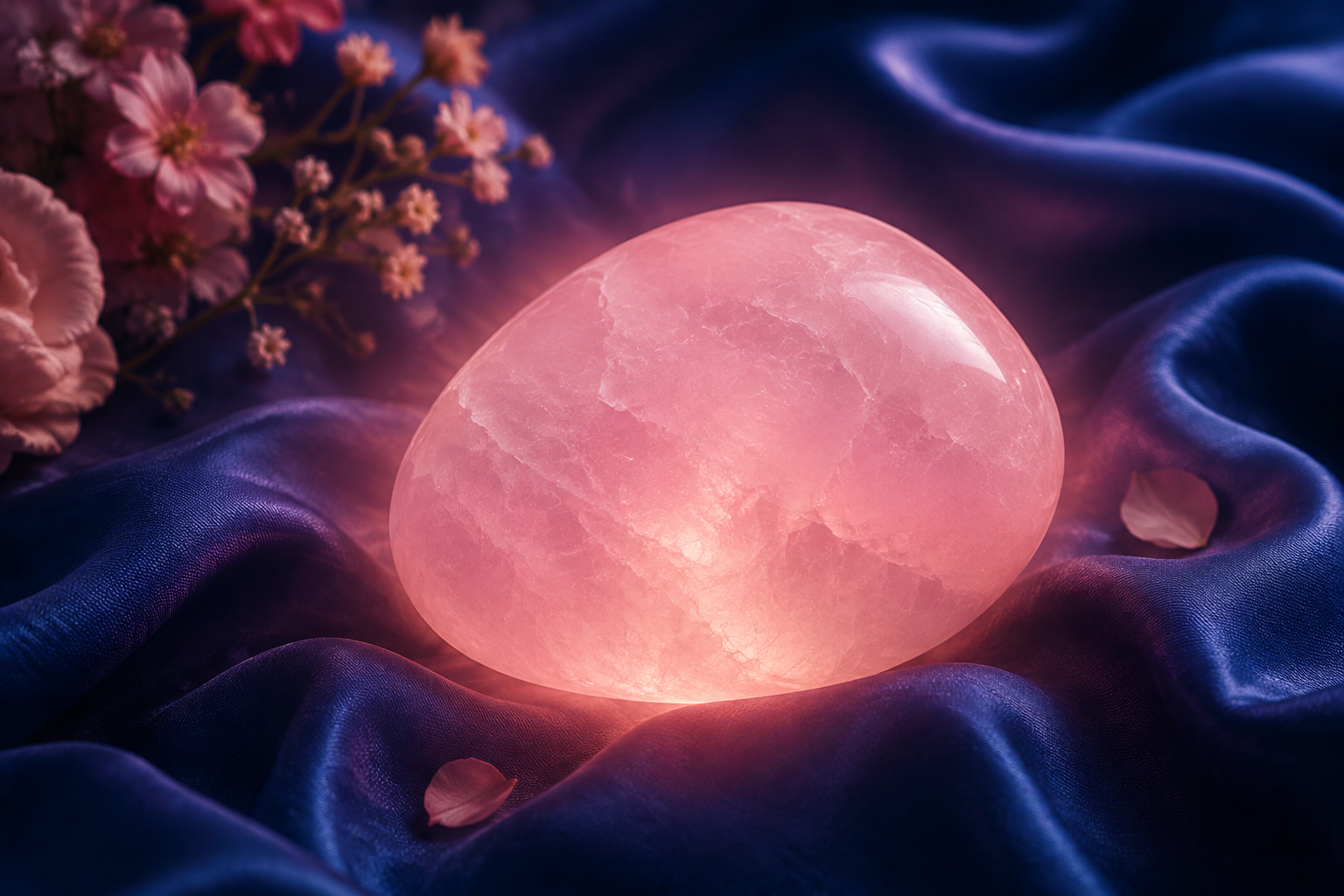 A smooth piece of rose quartz with a soft translucent pink glow, resting on dark indigo silk with a gentle halo of warm light around it, a sense of tender love and new beginnings of the heart