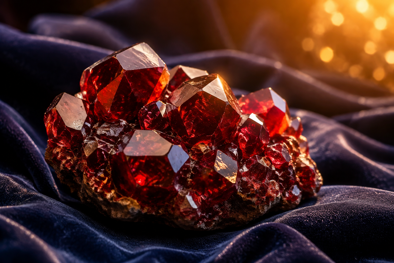 A cluster of deep red garnet crystals with a warm glowing luster, resting on dark indigo cloth and catching warm light, a sense of vitality, passion, and prosperous new energy