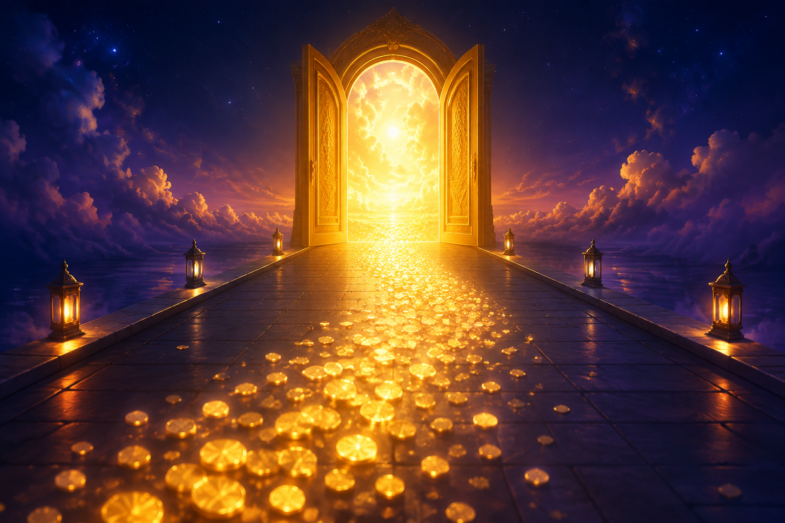 A bright door of golden light opening at the start of a wide calm indigo path, with a soft stream of warm coins of light flowing toward and through it, new beginning and prosperity together