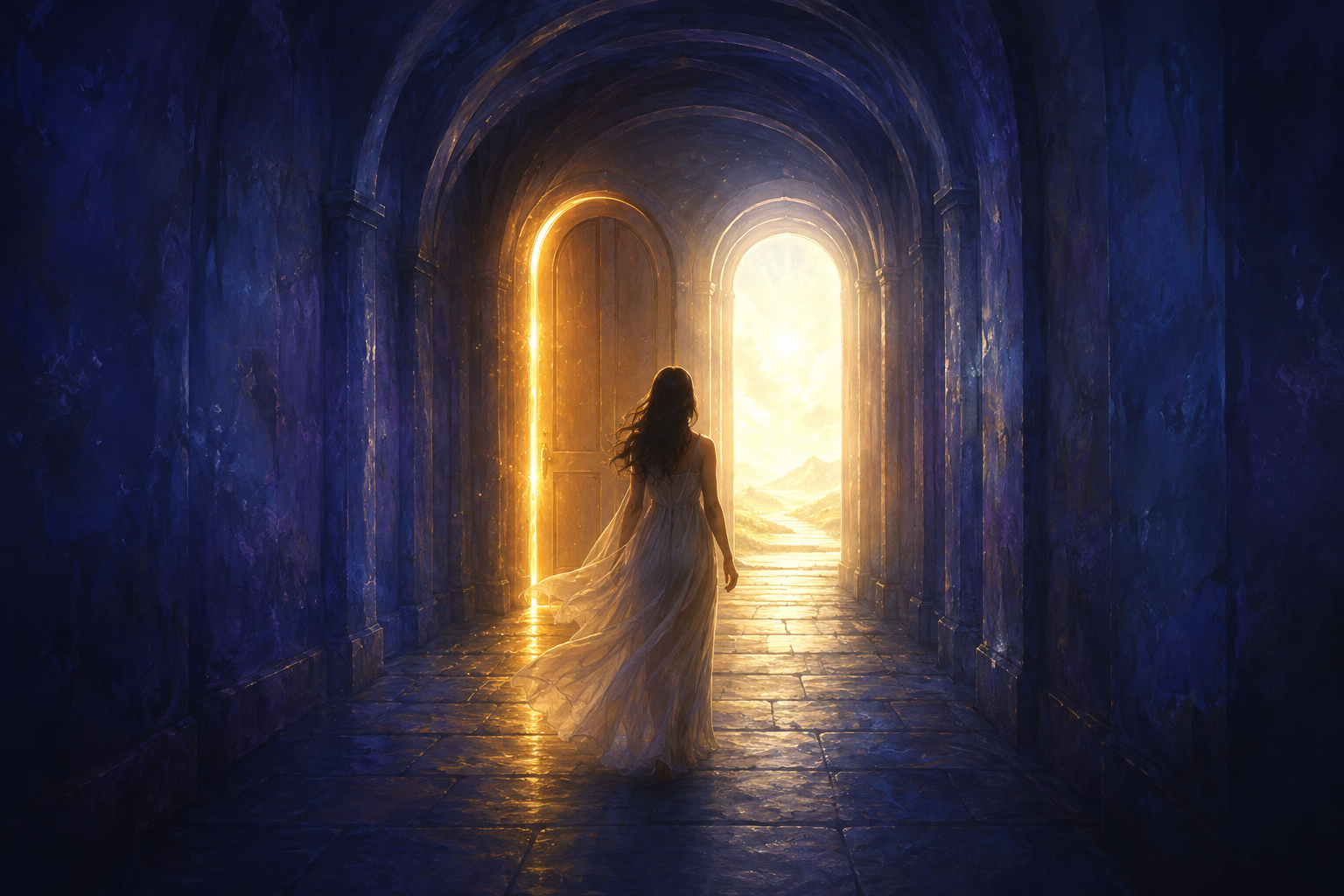 A door of soft golden light closing at the close of a calm indigo passage, while a fresh door of brighter light opens just beyond it, the two framing a moment of transformation and release