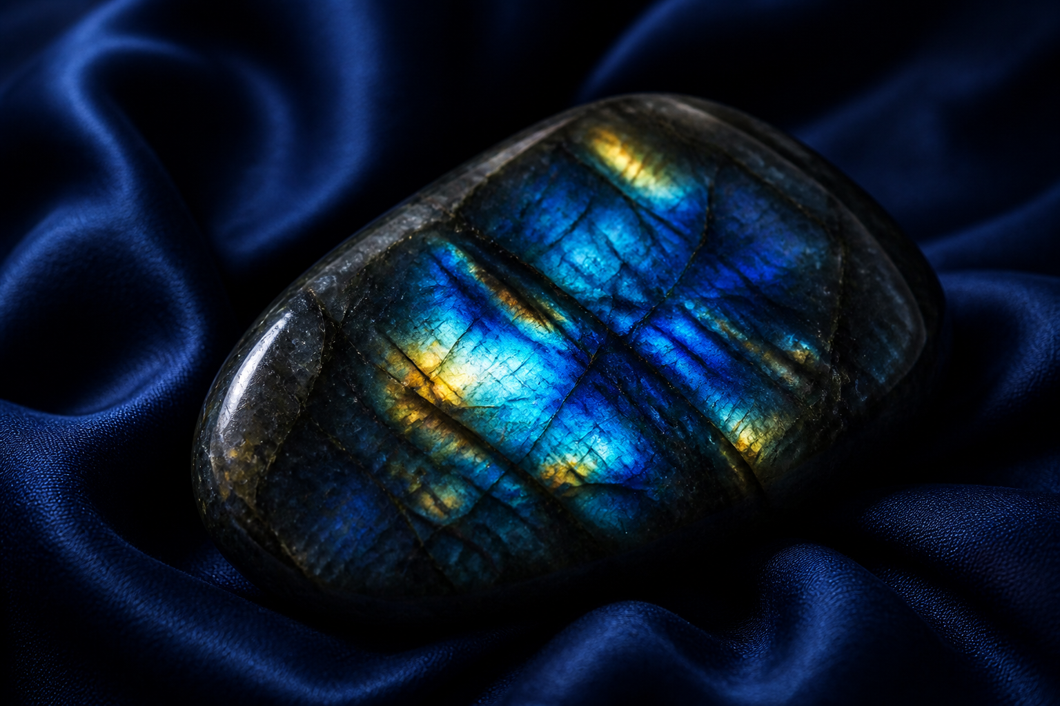 A dark piece of labradorite catching sudden flashes of blue and gold light within it, resting on deep indigo cloth, a sense of transformation and the mystery of change