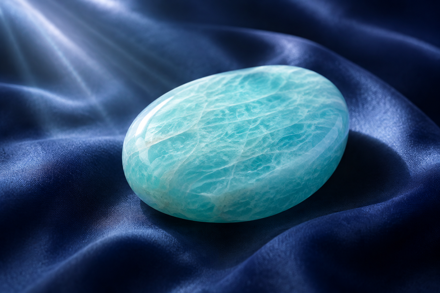 A smooth piece of amazonite with a soft blue-green glow, resting on deep indigo silk with gentle light passing through it, a sense of calm renewal and balance