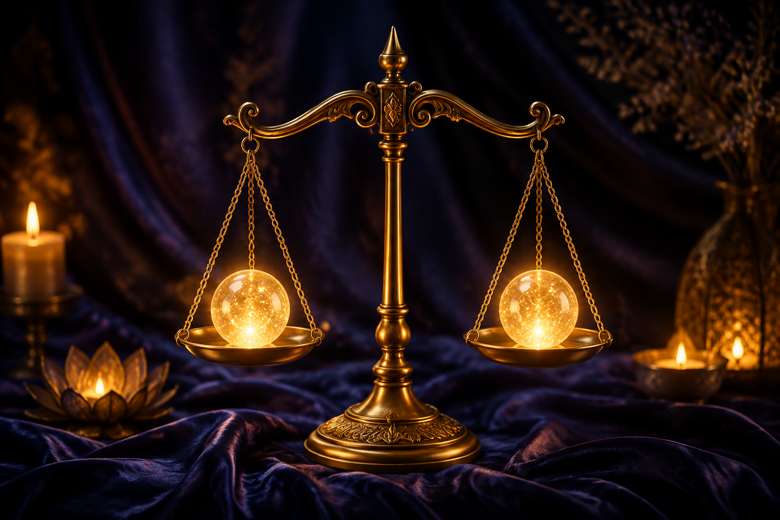 A delicate golden scale balanced perfectly at rest on dark indigo silk, two equal spheres of warm light weighing evenly, candle-glow