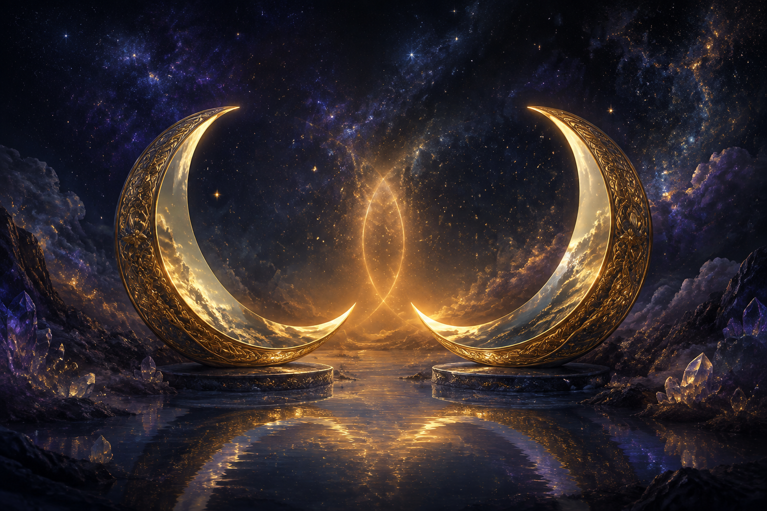 Two softly glowing golden crescent mirrors tilting toward each other in perfect balance, twin halos of warm light meeting against indigo twilight
