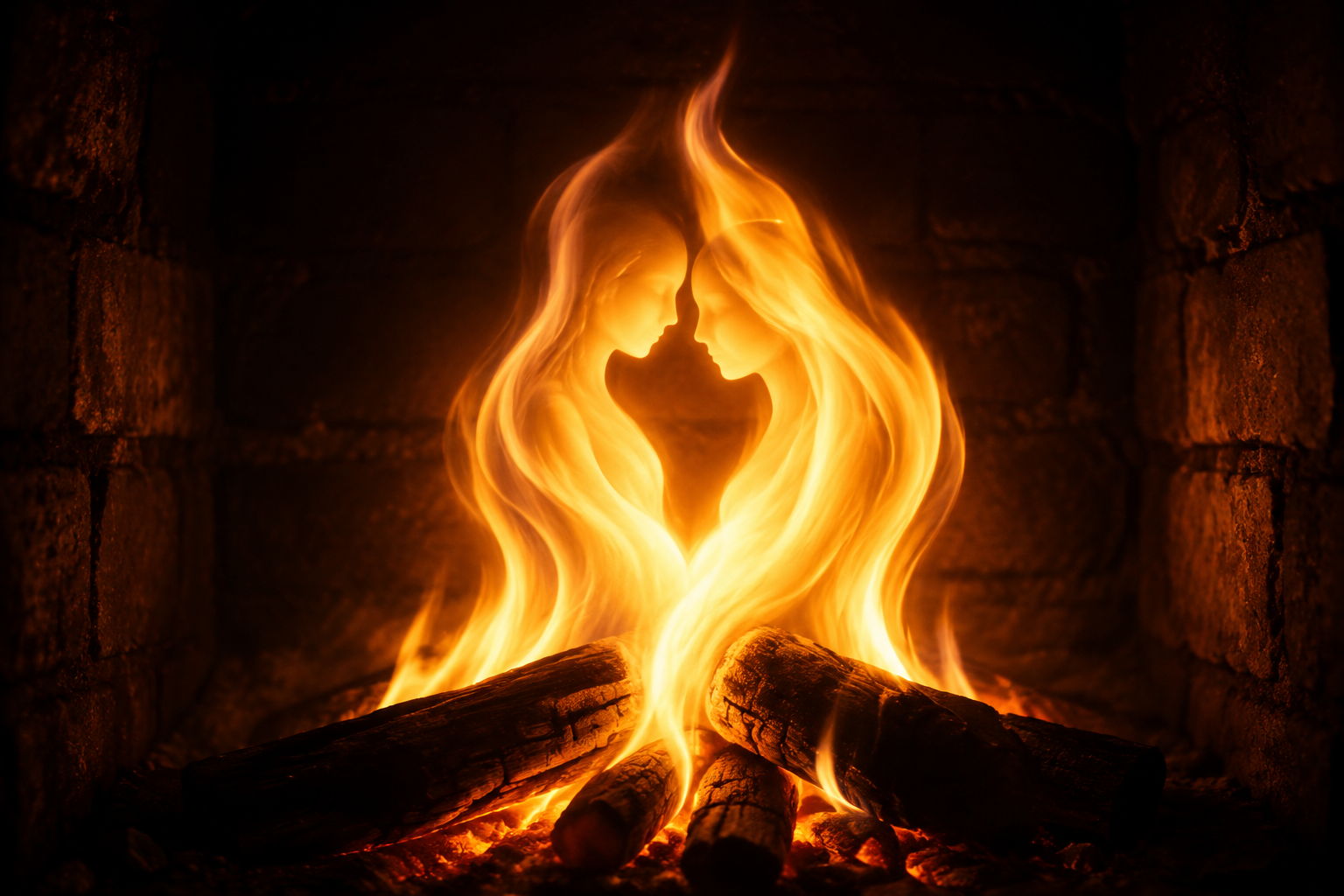 Two warm golden flames gently burning together as one in a dark hearth, their light mingling into a single soft glow