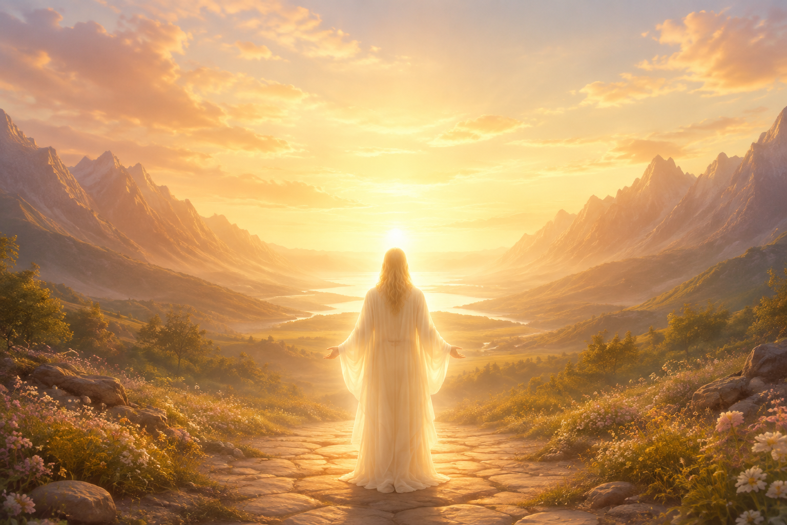 A calm figure of soft light standing at an open path between two gentle mirrored valleys, hands relaxed and open, warm golden dawn horizon