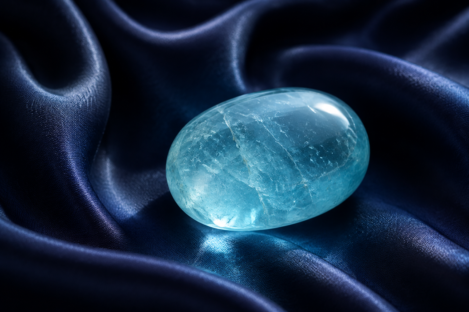 A smooth piece of aquamarine with a soft translucent sea-blue glow, resting on dark indigo silk with gentle light passing through it, a sense of calm and clarity