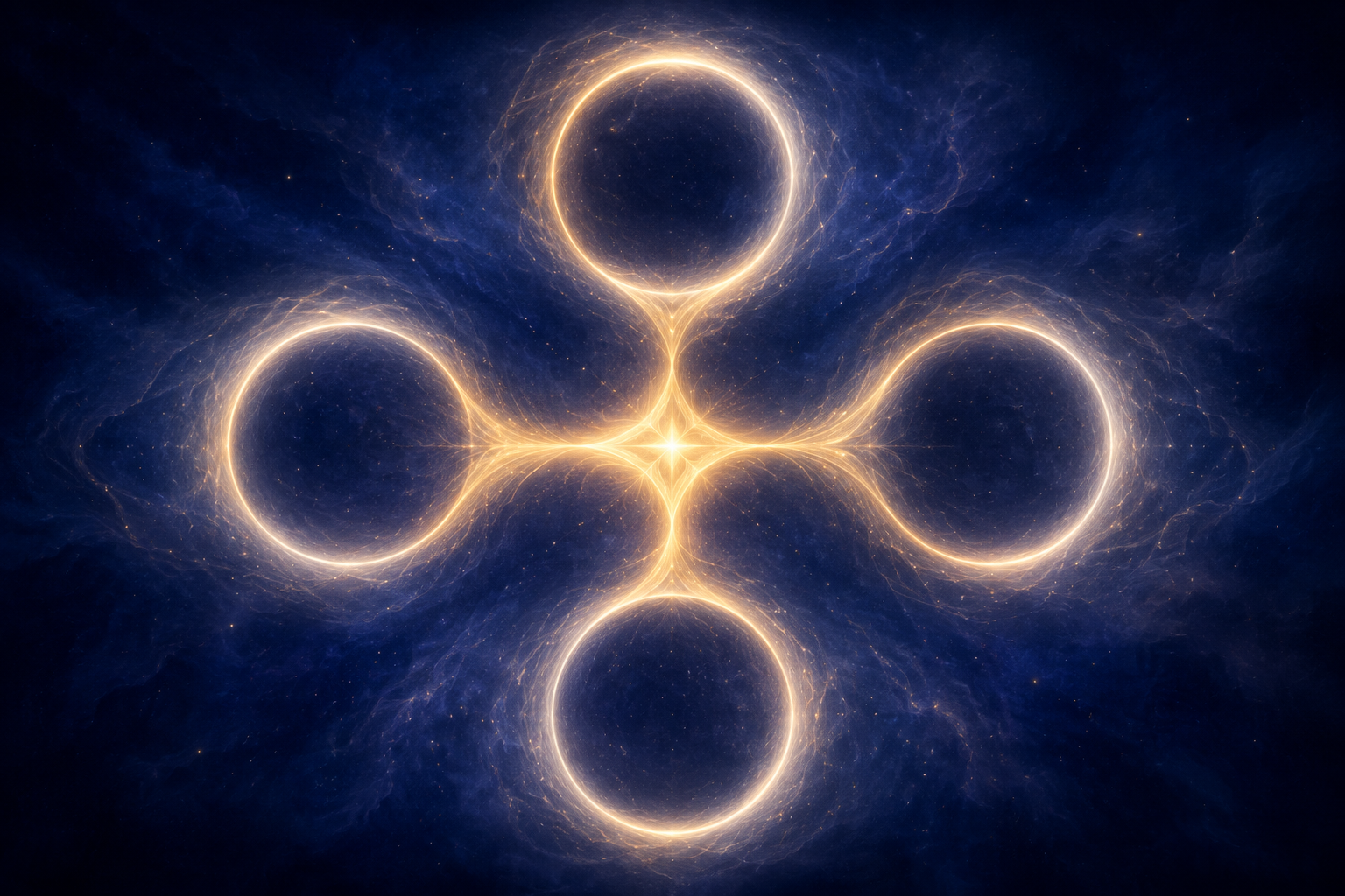 Four soft rings of white-gold light arranged in a calm, balanced pattern in a deep indigo field, a gentle stream of warm energy linking them into a unified whole, stillness and harmony