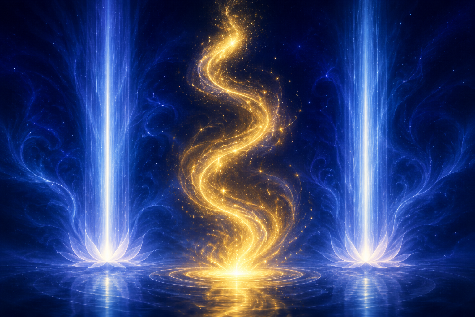 Two calm pillars of soft light beside a rising spiral of joyful golden energy, held in balance within a deep indigo field, steady faith and inspired growth together