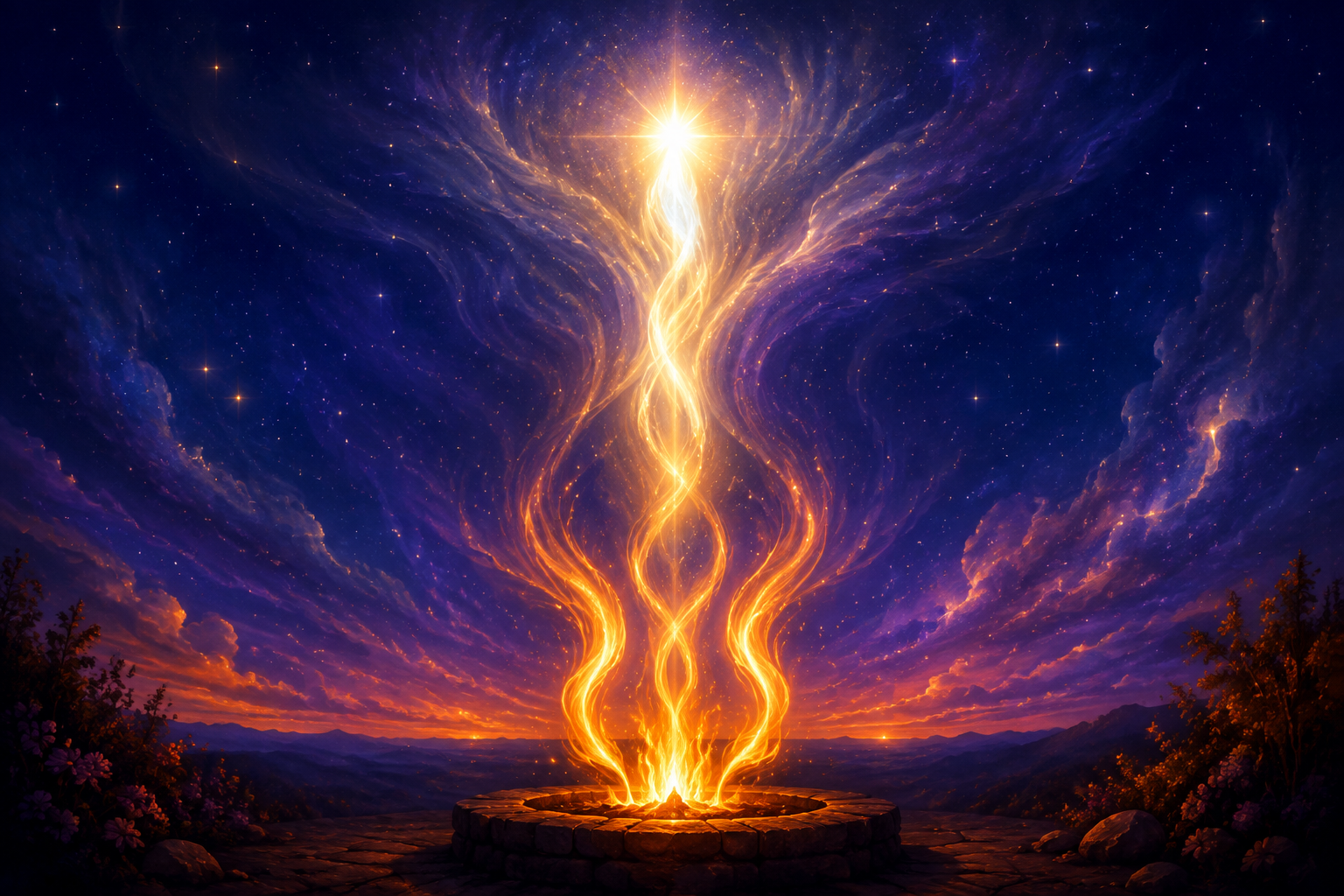 Two warm golden flames and one brighter radiant flame rising together as one into soft indigo night, joyful manifestation and creative union