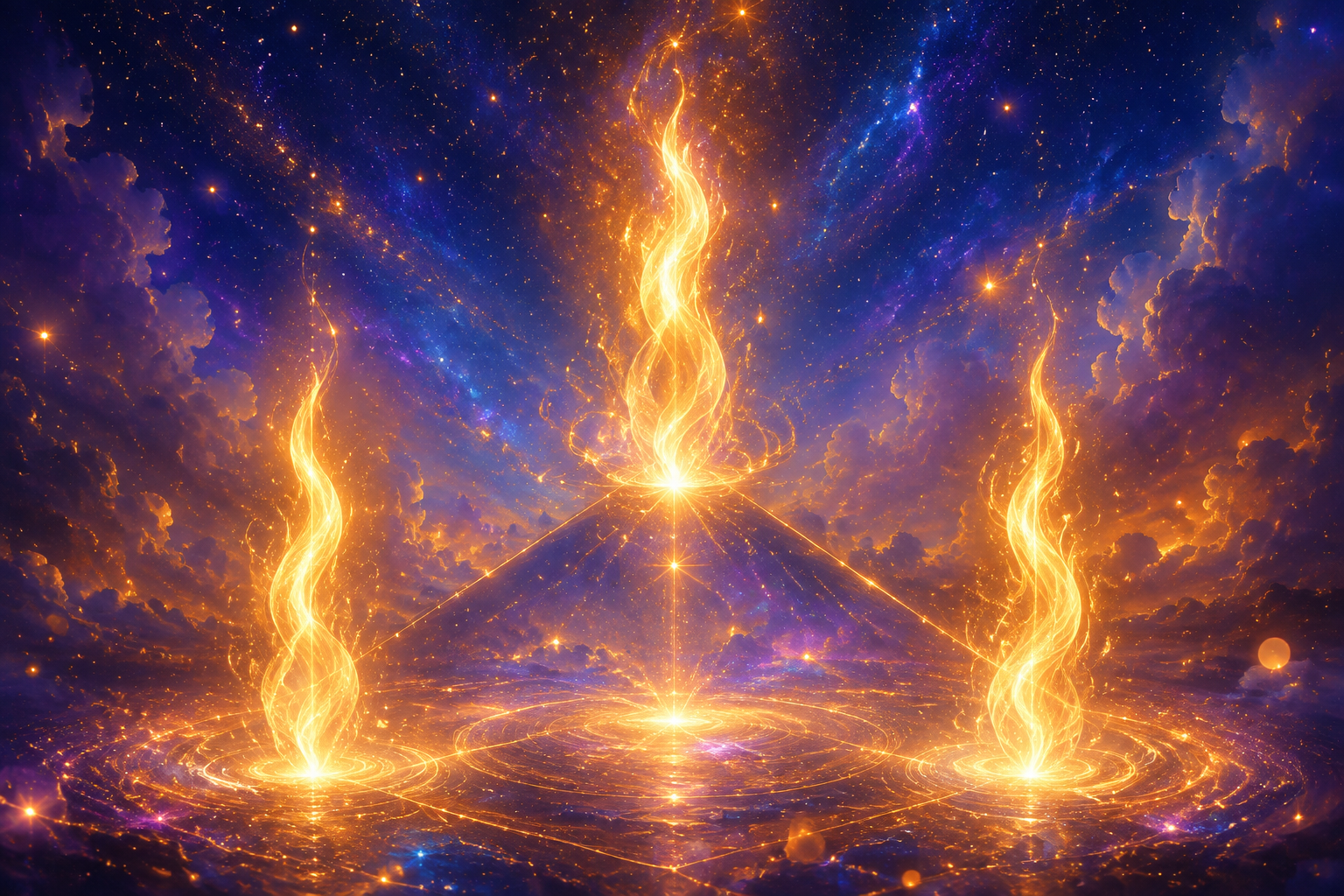 Three radiant golden flames rising in a perfect triangle against deep indigo cosmic twilight, luminous sparks and a sense of joyful uplift