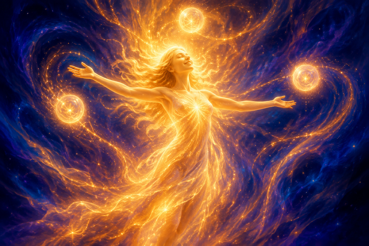 A joyful figure of soft golden light surrounded by three gently floating orbs, arms open in radiant self-expression, creative energy flowing outward into deep indigo