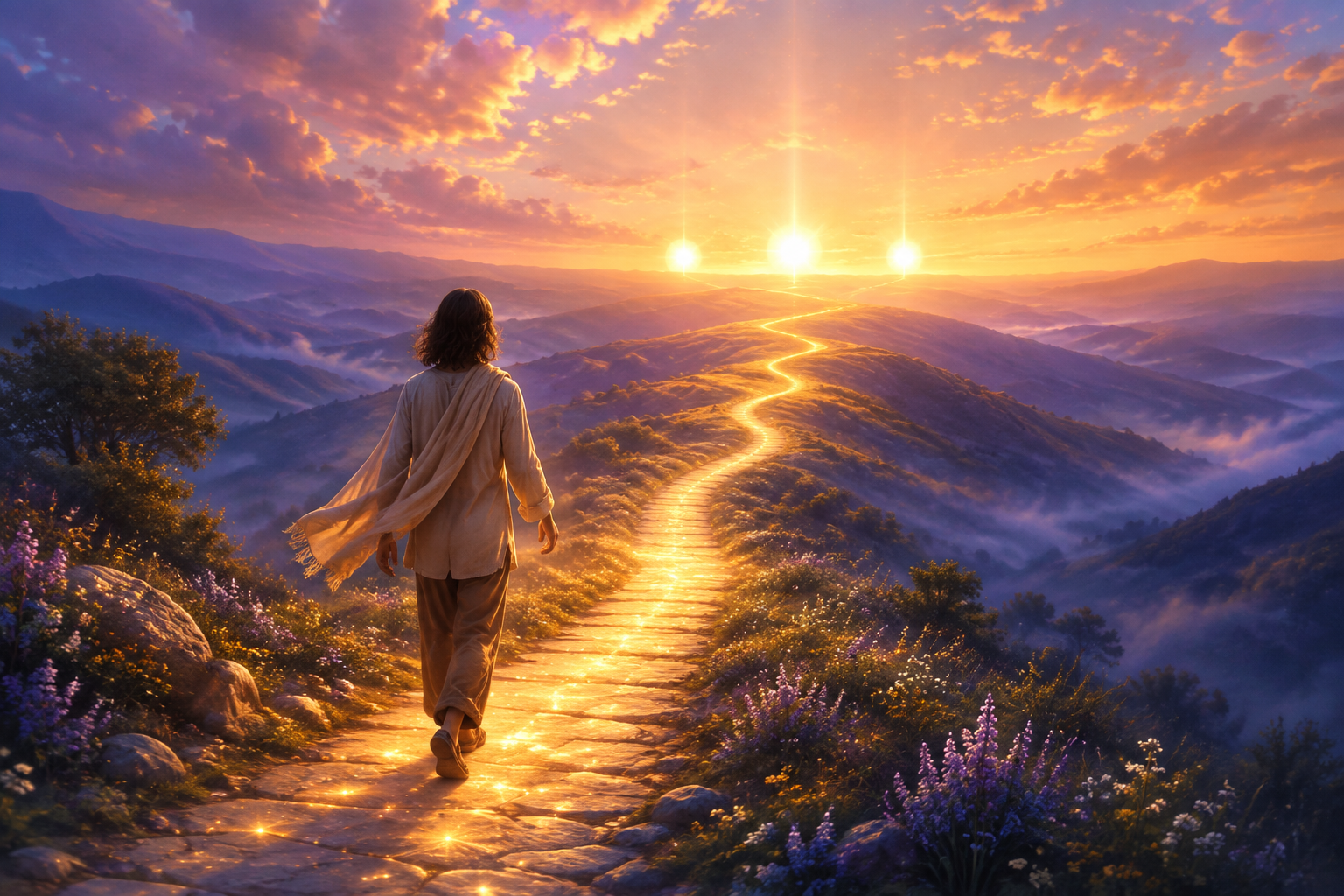 A luminous path rising gently between soft indigo hills toward three bright guiding lights on the horizon, a calm traveler moving forward at golden dawn