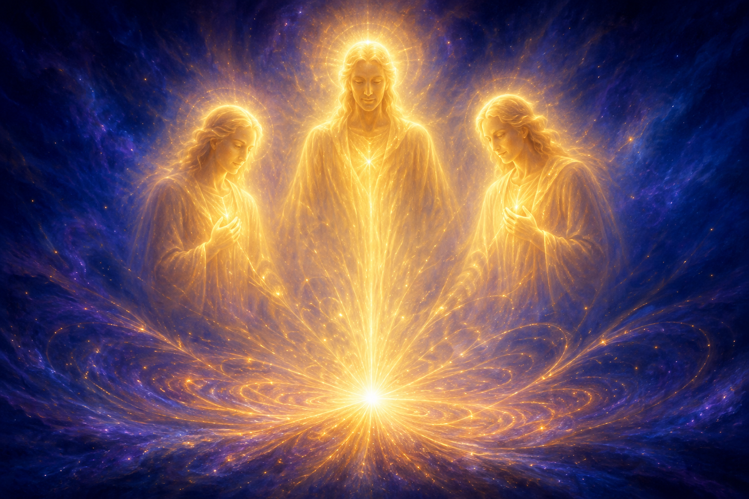 Three soft golden figures of light standing as gentle guardians behind a single bright point of creative light, radiating warm encouragement across a calm indigo field, amplified spiritual presence