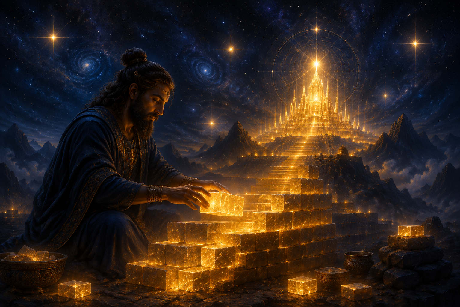 A mystical builder setting one golden brick at a time into a foundation rising toward the light