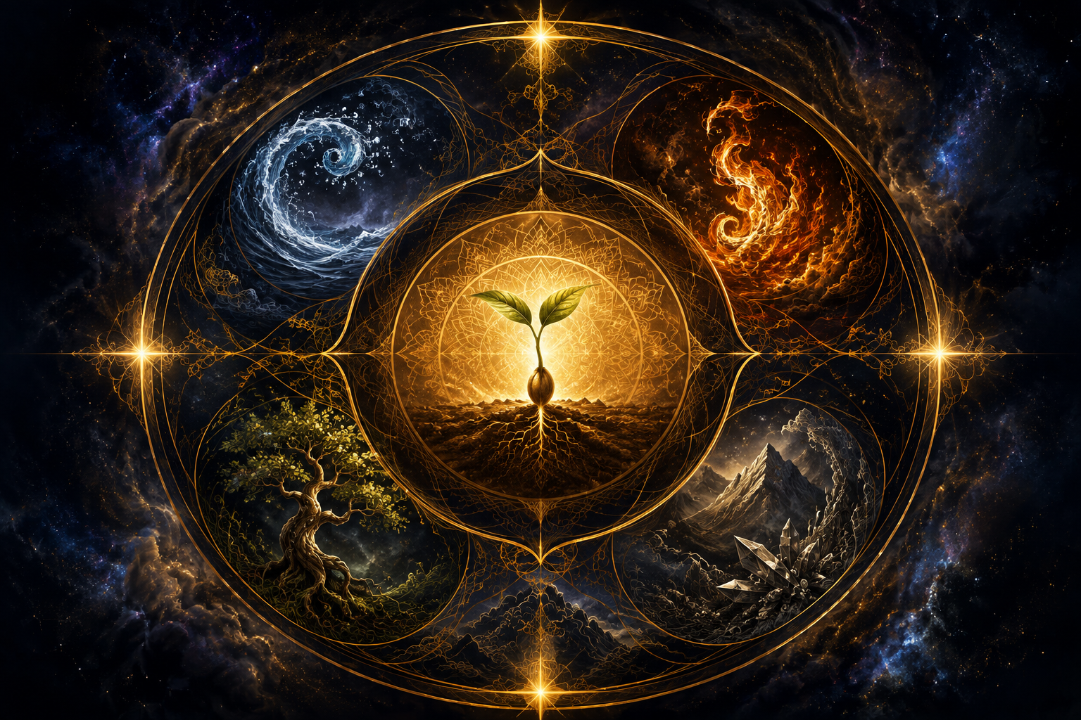 The five elements woven in a golden mandala, with Earth glowing at the center as a rooted seed