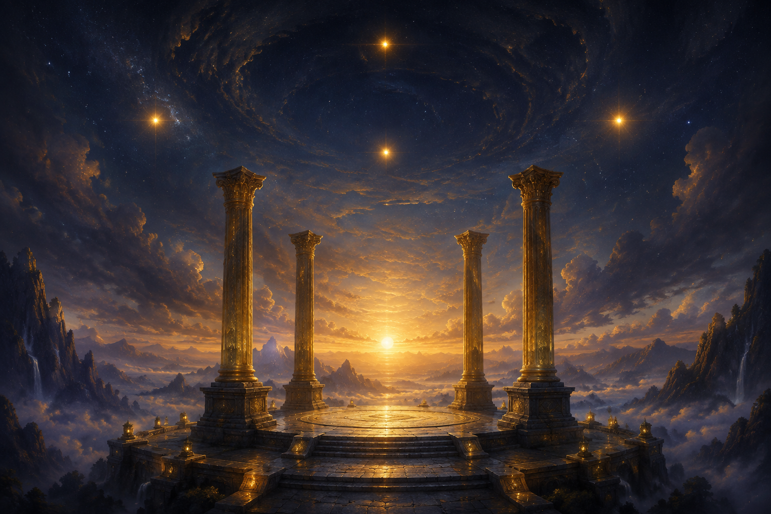 Four luminous pillars standing on solid ground beneath a dawn sky, the foundations of the angel number 444