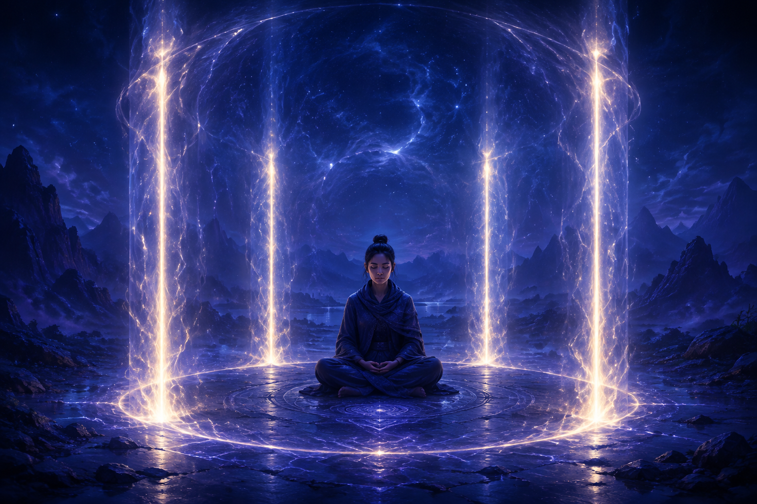 Four strong pillars of light forming a complete protective wall around a calm central figure, a steady and grounded presence within a deep indigo landscape, an unbreakable circle of support