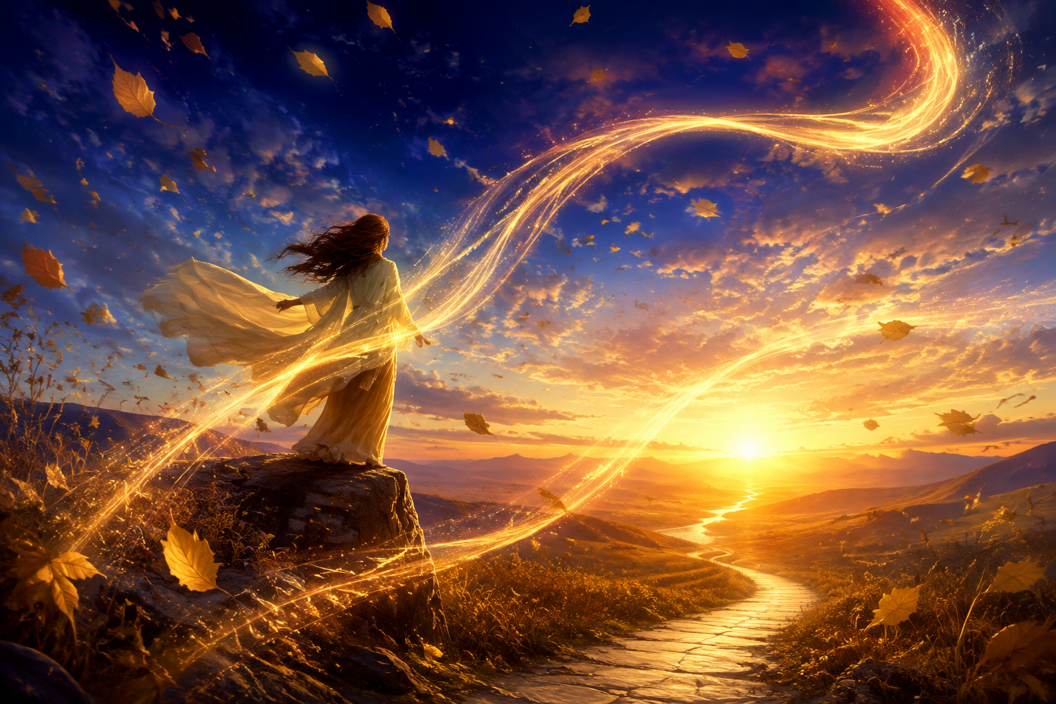 Three flowing ribbons of golden wind sweeping through a landscape at the moment of transformation, old leaves releasing into a bright sky and a clear new path opening ahead