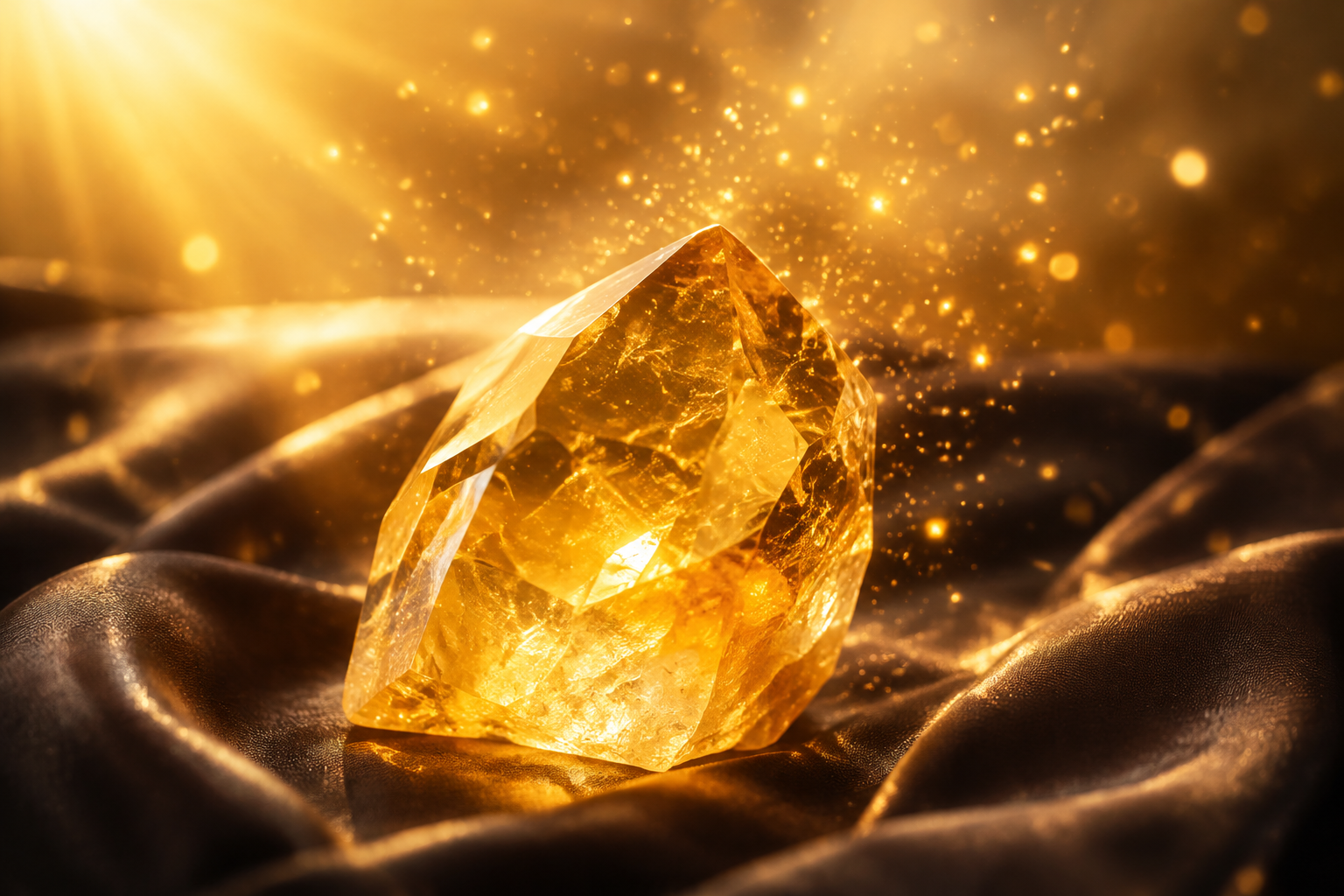A warm golden citrine crystal glowing with clear sunlit light, small luminous motes rising around it like release and renewal