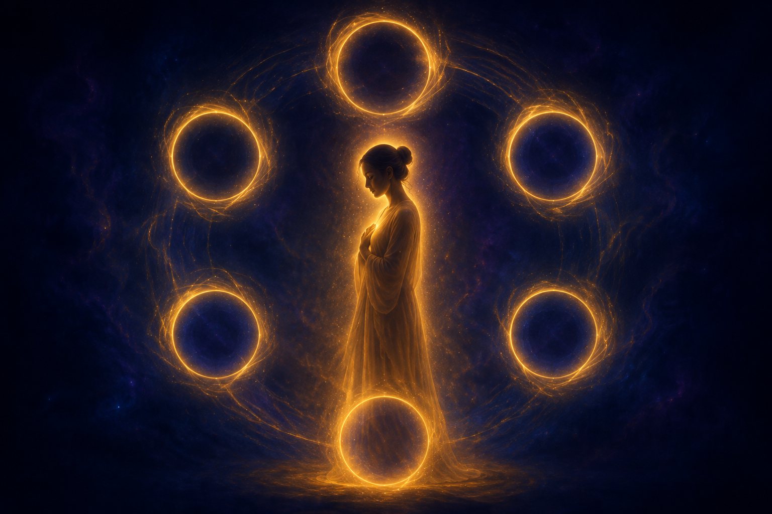 A calm, centered figure softly outlined in warm golden light standing in quiet reflection, six gentle rings of light arranged in a balanced circle around them against a deep indigo background