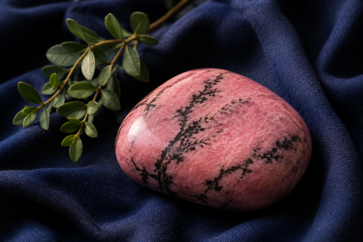 A smooth piece of rhodonite with soft rose-pink color and gentle black veining, resting on deep indigo cloth beside a small sprig of greenery, soft warm light