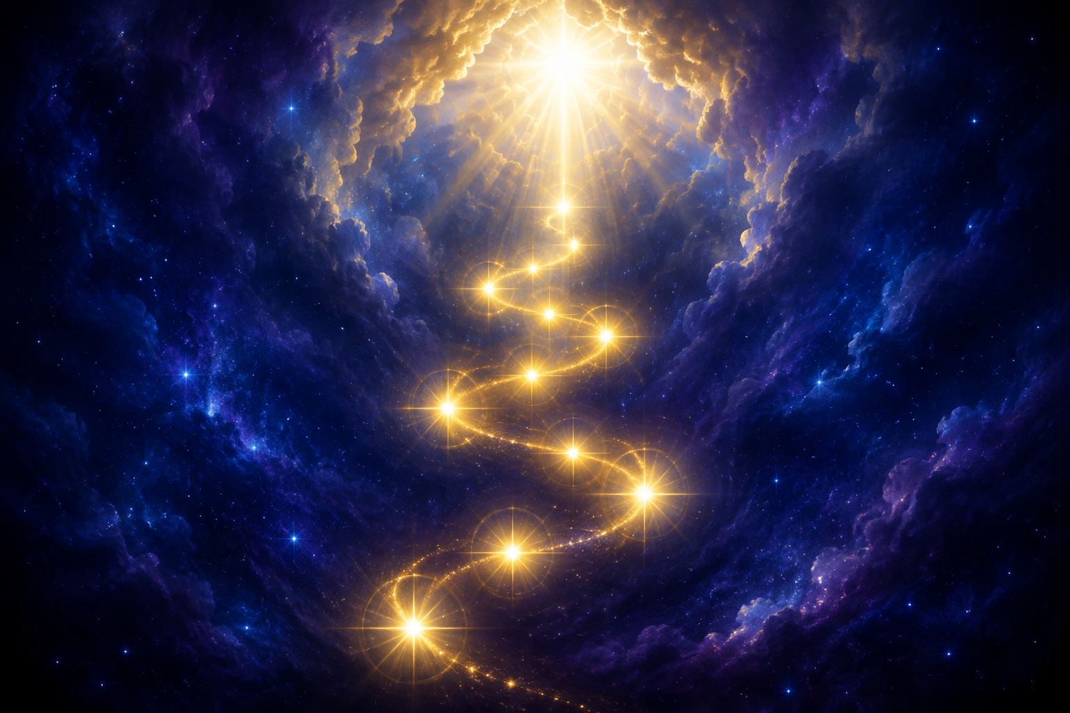 Seven points of luminous golden-white light arranged in an ascending spiral within a deep indigo field, a sense of awakening, sacred blessing, and a breakthrough breaking open above