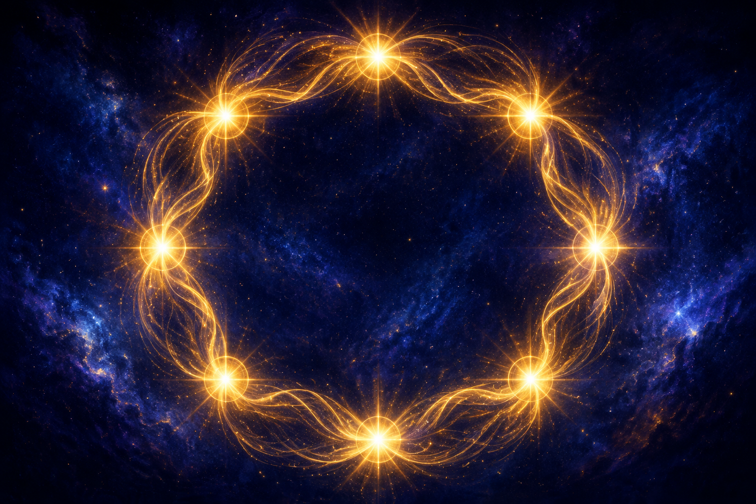 Eight points of golden light arranged in an open circle, streams of warm energy circulating between them like an infinite loop of abundance against a deep indigo sky