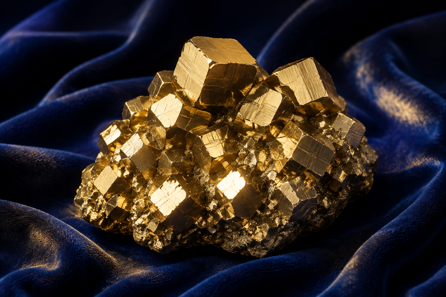 A cluster of pyrite crystals with a bright metallic gold gleam, catching warm light, resting on deep indigo cloth with soft reflected glints