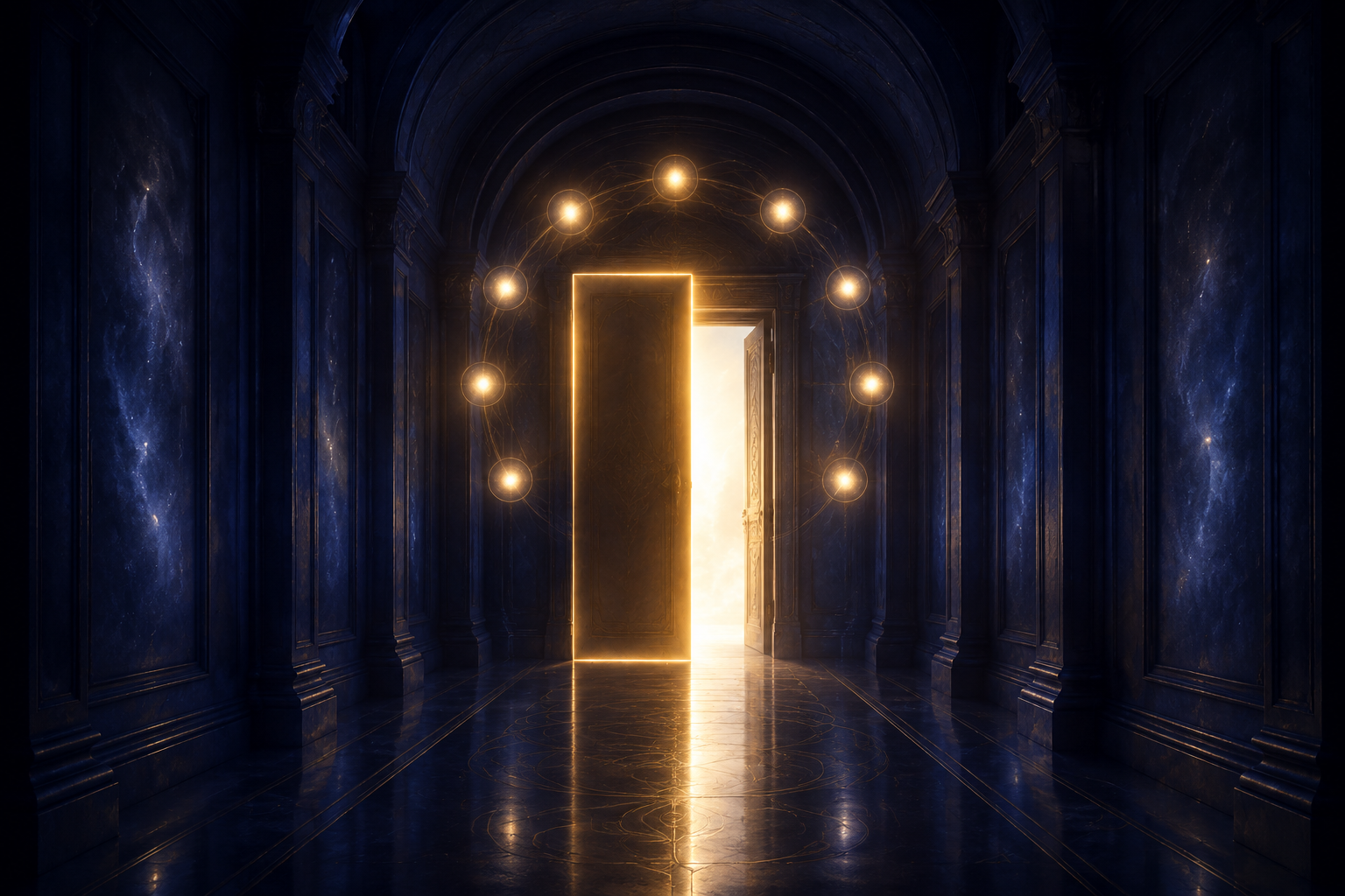 A single door of soft golden light closing gently at the end of a long indigo corridor, while behind it a brighter doorway begins to open, nine small lights marking the turning between the two