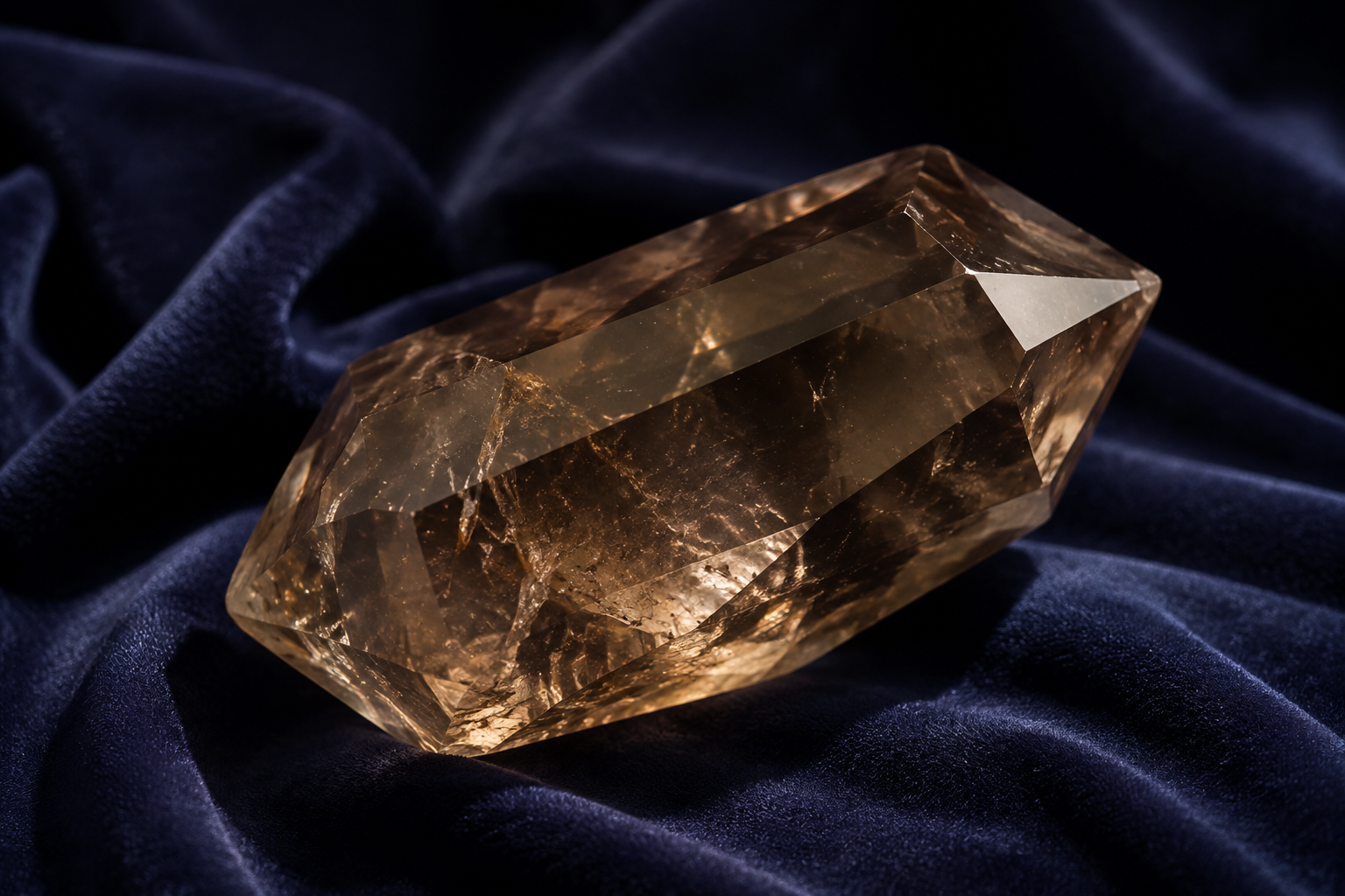 A clear piece of smoky quartz with a soft translucent gray-brown glow, resting on deep indigo cloth as it catches warm light, its facets faintly reflecting the surrounding dark