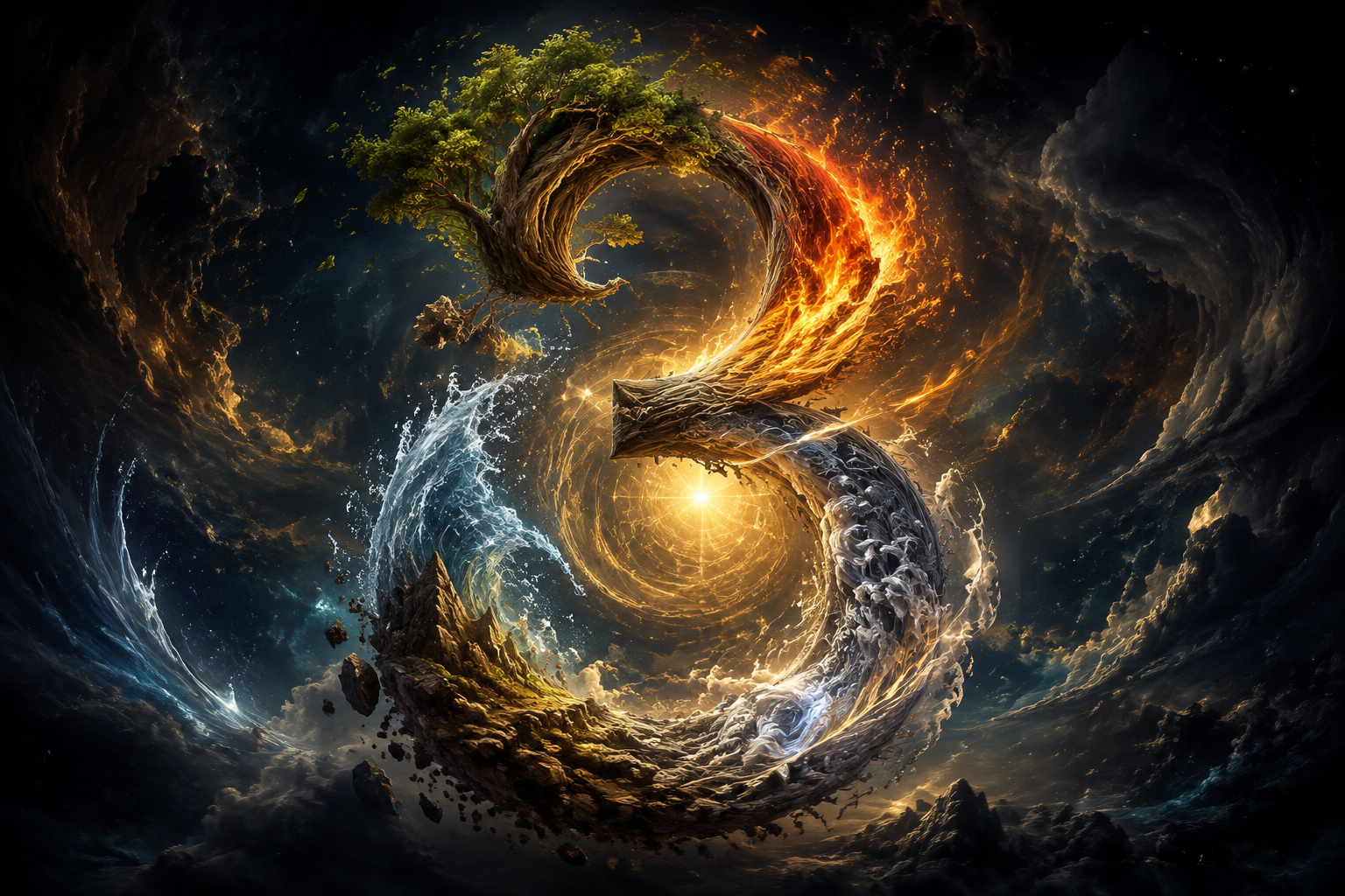 A luminous number formed of living water, fire, earth, metal, and wood, destiny and element united