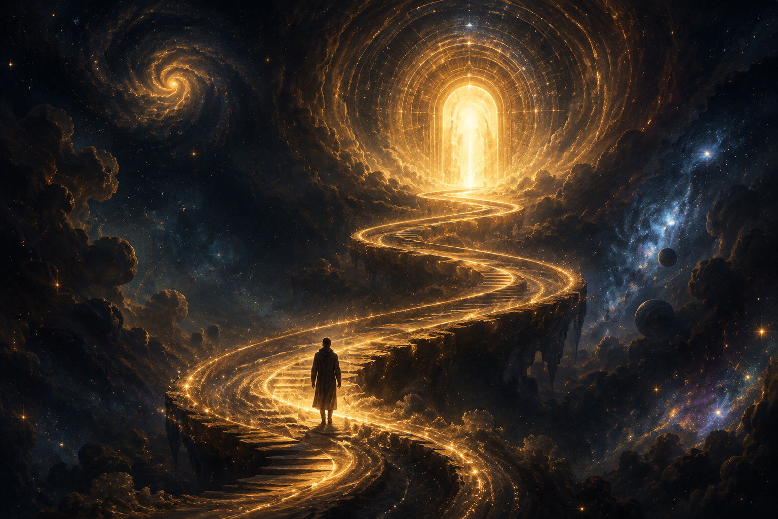 A lone traveler walking a luminous spiral path toward a radiant gateway of light