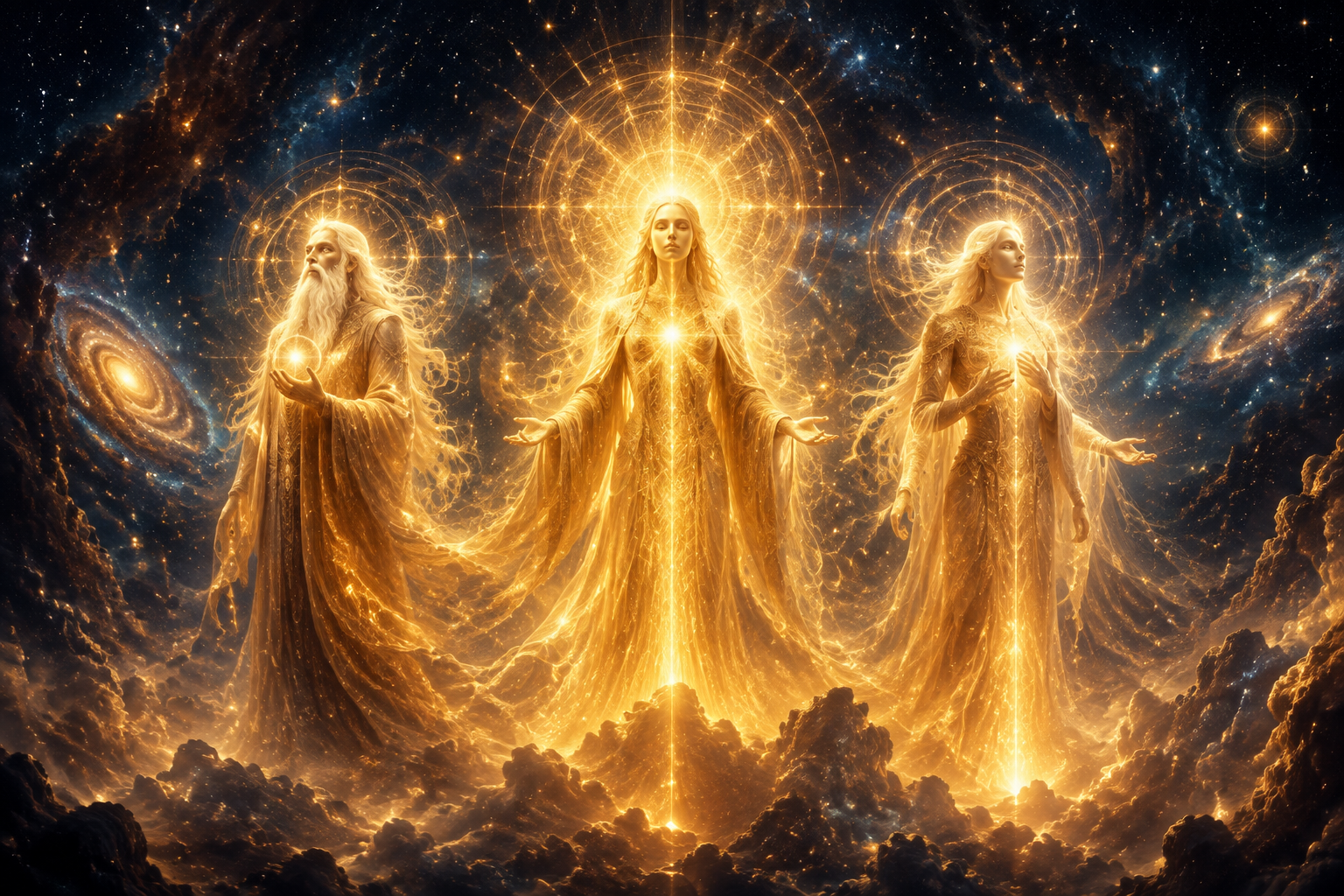 Three radiant figures of golden light standing tall in the cosmos, the rare Master frequencies