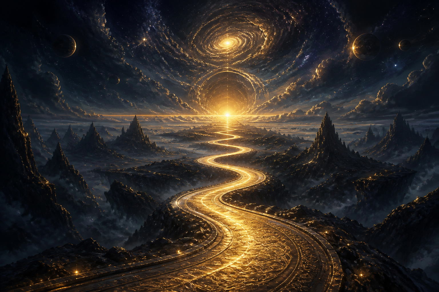 An ancient road of golden light winding toward a far glowing horizon, the path of destiny