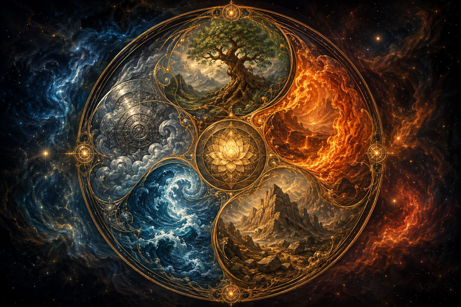 A golden mandala weaving water, fire, earth, metal, and wood together in harmony