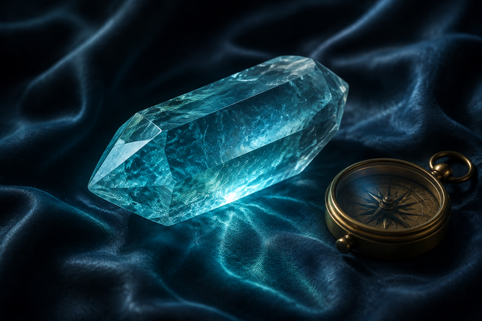 A single clear aquamarine crystal with soft sea-blue light glowing from within, resting on dark silk beside a small brass compass
